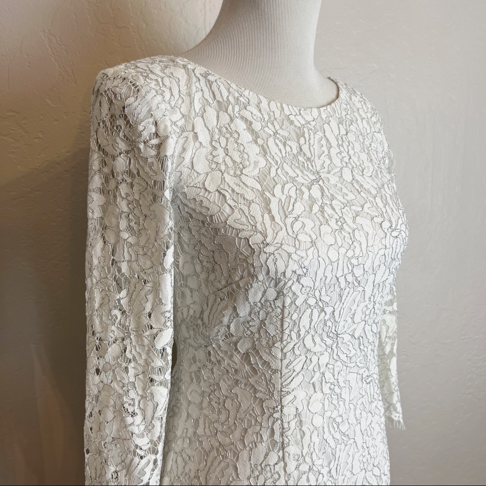 ✖️SOLD✖️•ADRIANNA PAPELL•White Formal Lace-Overlay Sheath Dress w/Metallic Sheen - Picture 5 of 15